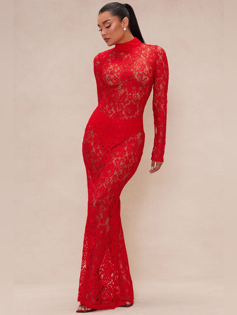 Fashion Nova Red Lace Long-Sleeve High-Neck Evening Dress